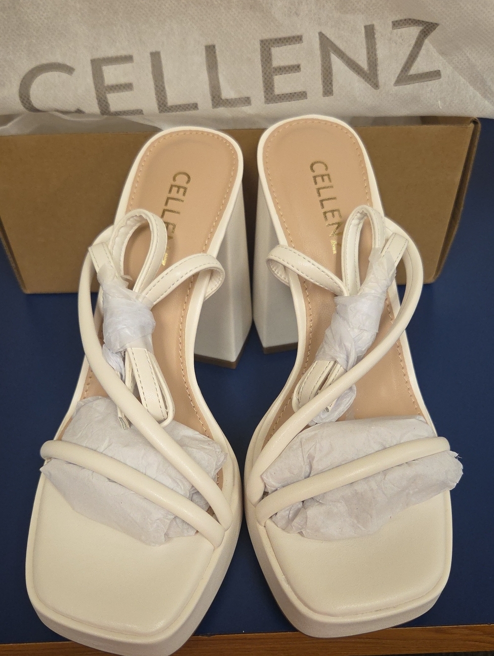Elle Cream Strappy Block Heel Mules